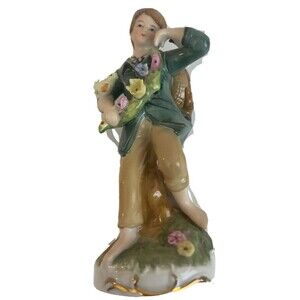 Vintage Porcelain Boy Figurine Flowers Birds Hummel Style Japan